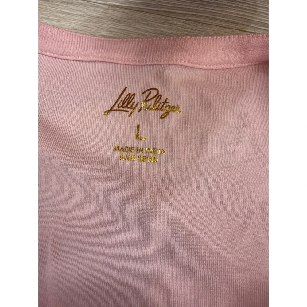 Lilly Pulitzer Etta‎ V-Neck Top Pink Eyelet Lace Puff Sleeve Knit Shirt Large